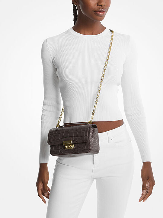 Tribeca Small Crocodile Embossed Leather Crossbody Bag - Chocolate