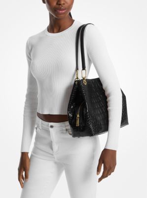 Kensington Large Crocodile Embossed Leather Tote Bag - Black