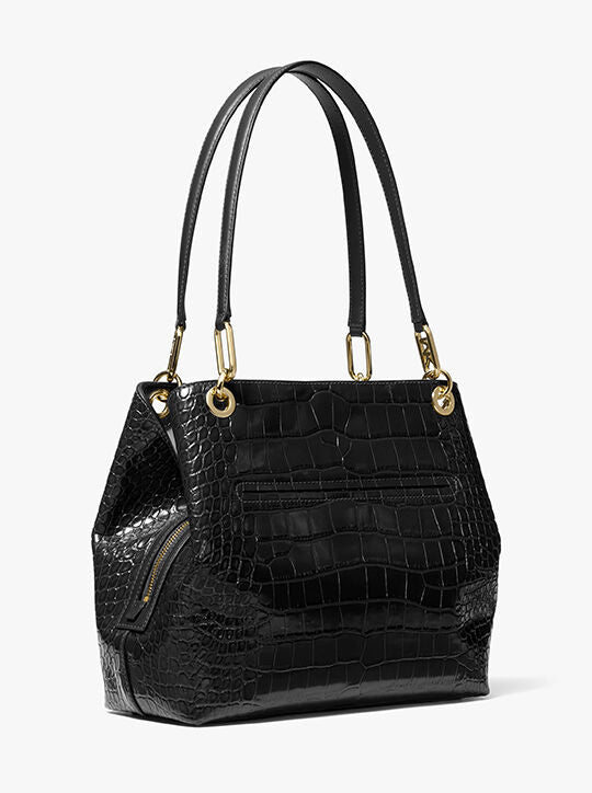 Kensington Large Crocodile Embossed Leather Tote Bag - Black