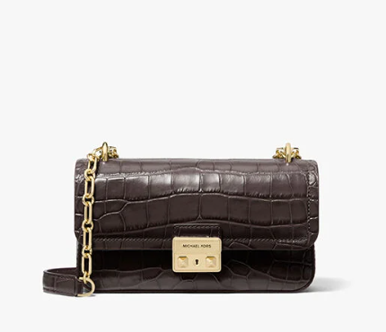 Tribeca Small Crocodile Embossed Leather Crossbody Bag Chocolate