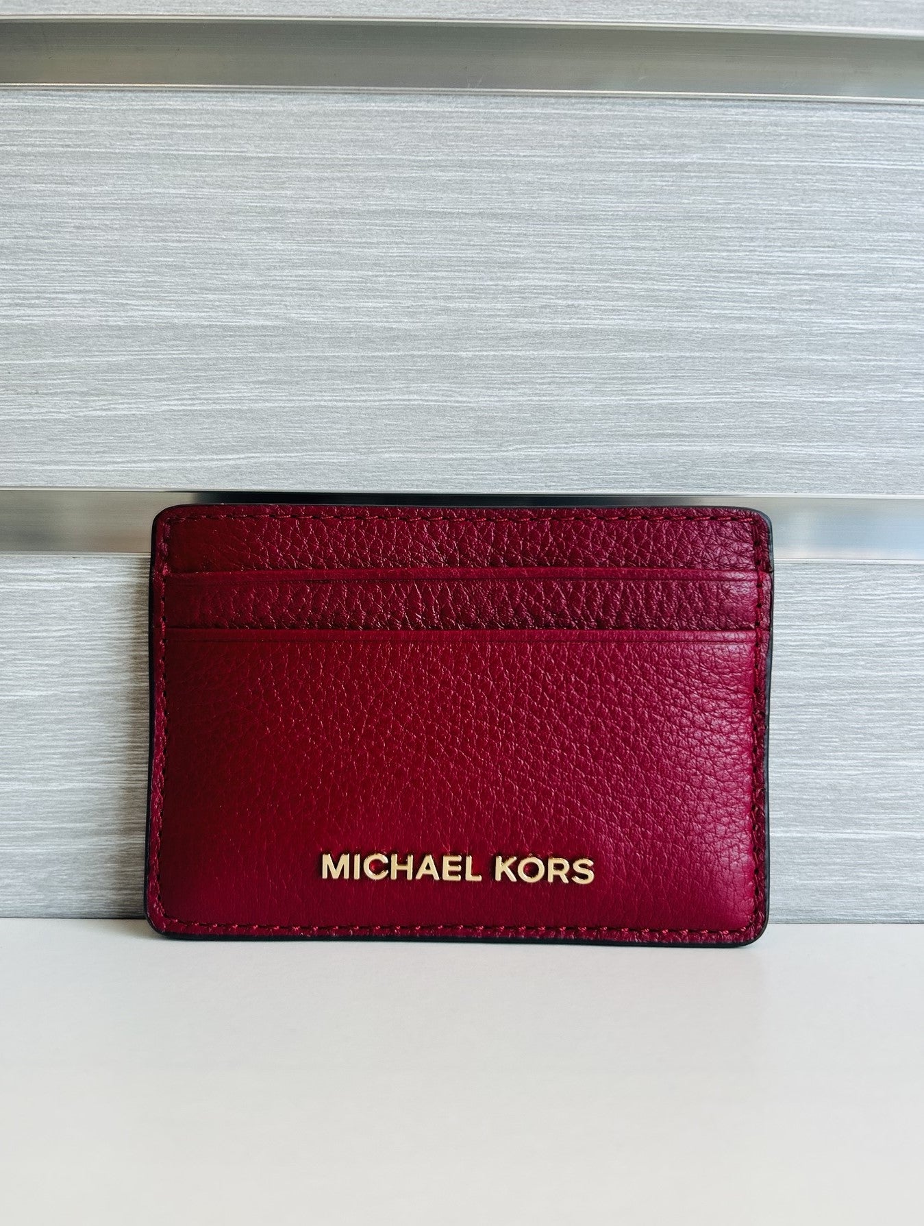 Pebbled Leather Card Case - Deep Red